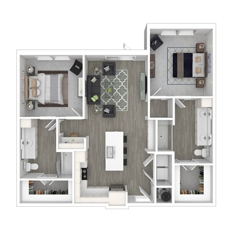 A top-down view of a modern apartment layout with a kitchen, living room, and bathroom.