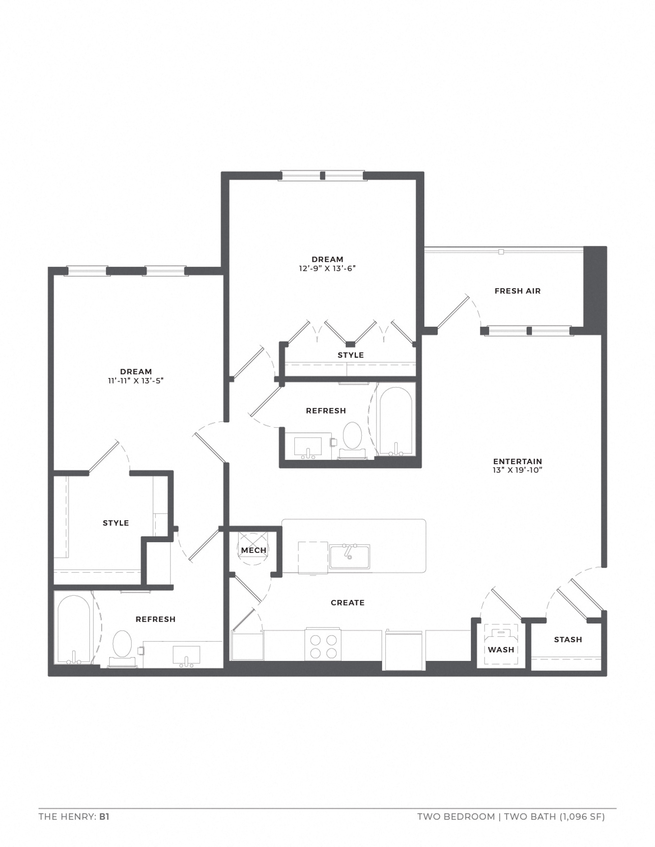 A black and white image of a floor plan for a two bedroom apartment.