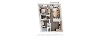 A 3D floor plan of a small apartment with a kitchen, living room, and bathroom.