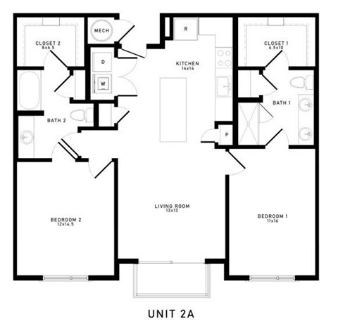 A black and white floor plan of a two-unit apartment building.