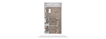 A floor plan of a house with a kitchen, two bathrooms, and two bedrooms.