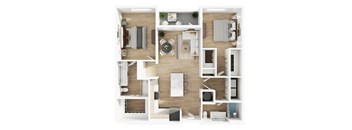 A top-down view of a modern apartment layout.