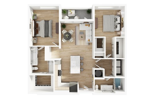 A top-down view of a modern apartment layout.