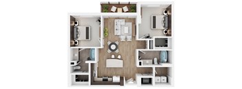 A top-down view of a modern apartment layout with a kitchen, living room, and bathroom.