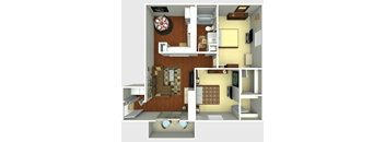 a rendering of a 3d floor plan with a bedroom and living room
