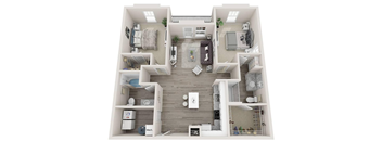 a 3d rendering of a floor plan with a bedroom and living room