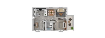 A floor plan of a house with a kitchen, living room, dining room, and bathroom.