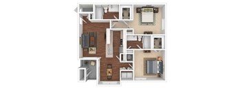 A detailed 3D floor plan of a small apartment.