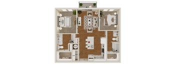 A top-down view of a house layout with a kitchen, living room, dining room, and bathrooms.