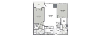 A floor plan of a home with a master bedroom, a guest bedroom, a living/dining area, a kitchen, a walk-in closet, and a master bath.