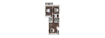 A top-down view of a small apartment with a kitchen, living room, and two bedrooms.
