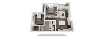 A 3D floor plan of a house with a kitchen, living room, and two bedrooms.
