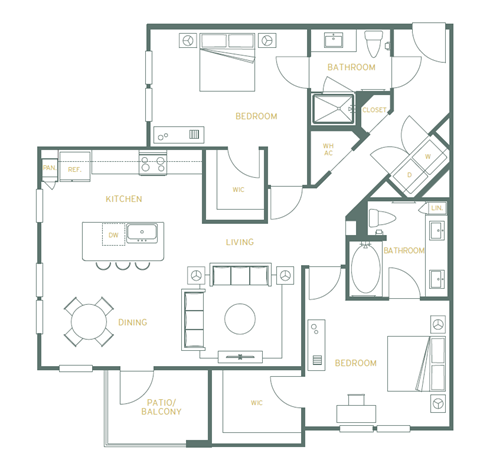 a floor plan of a residence with bedrooms and a living room