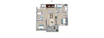 A 3D floor plan of apartment B1 with various rooms and furniture.
