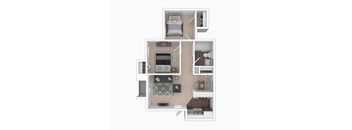 From the entry door at the bottom right, the kitchen and dining area are immediately to the left. Continuing straight leads into the living room with balcony access on the far left. The first bedroom is located at the top left corner, while the second bedroom is on the top right. The bathroom sits between the two bedrooms, accessible via the shared hallway.