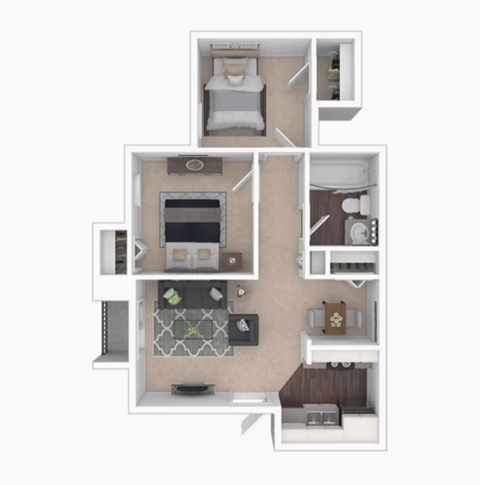 From the entry door at the bottom right, the kitchen and dining area are immediately to the left. Continuing straight leads into the living room with balcony access on the far left. The first bedroom is located at the top left corner, while the second bedroom is on the top right. The bathroom sits between the two bedrooms, accessible via the shared hallway.