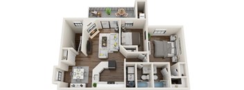 A 3D floor plan of a house with a kitchen, living room, and bathroom.