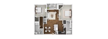 A floor plan of a small apartment with a kitchen, living room, and bathroom.