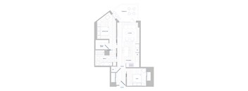 A floor plan of a house with a bedroom, bathroom, living room, kitchen, and den.