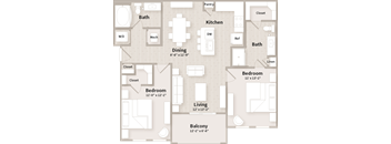 A floor plan of an apartment with a living room, dining room, kitchen, and three bedrooms.