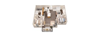A top down view of a small apartment with a kitchen, living room, and bedroom.
