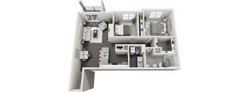 A 3D floor plan of a house with a kitchen, living room, and bathroom.