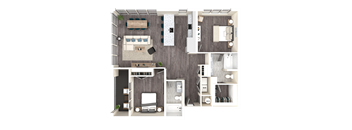 A top-down view of a house layout with a living room, kitchen, and bathrooms.