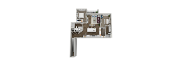 A 3D floor plan of a house with a kitchen, living room, and two bedrooms.