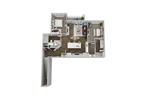 A 3D floor plan of a house with a kitchen, living room, and two bedrooms.