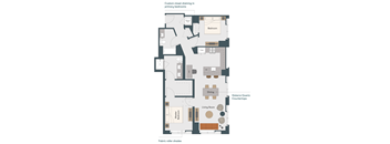 A floor plan of an apartment with a master bedroom, two other bedrooms, a living room, a dining area, and a kitchen.