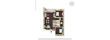 A 3D floor plan of a small apartment layout.