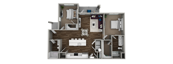 A 3D rendered image of a house layout.