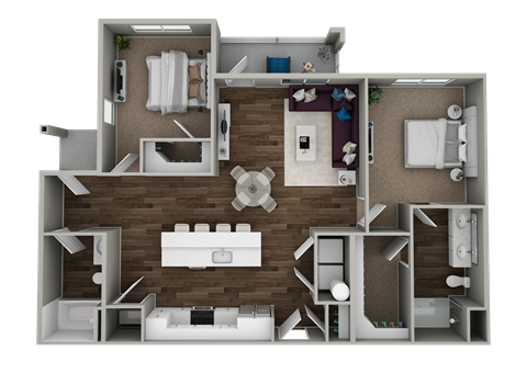 A 3D rendered image of a house layout.