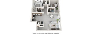 A floor plan of a house with a kitchen, living room, and two bedrooms.