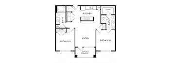 A floor plan of a house with a kitchen, living room, two bedrooms, a bathroom, and a closet.
