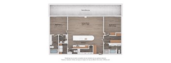 A floor plan of a house with a living room, two bedrooms, a kitchen, and two bathrooms.