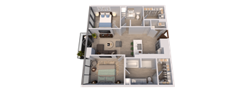 A 3D floor plan of a house with multiple rooms and furniture.