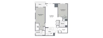 A floor plan of a house with a master bedroom, a guest bedroom, and a living/dining area.