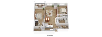 A floor plan of a house with a living room, dining room, kitchen, and bedrooms.