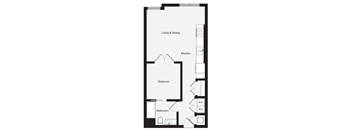 A floor plan of a room with a bed, bathroom, kitchen and living and dining area.