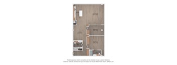 A floor plan of a small apartment with a living room, dining room, kitchen, and three bedrooms.