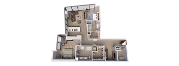 A 3D floor plan of a house with multiple rooms and furniture.