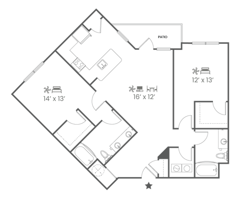 A floor plan shows a patio and two rooms with dimensions.