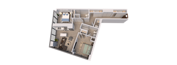 A 3D floor plan of a house with a bedroom, living room, kitchen, and bathroom.
