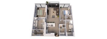 A 3D floor plan of a house with a living room, dining room, kitchen, and two bedrooms.