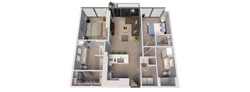 A 3D floor plan of a house with multiple rooms and furniture.