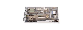 A 3D rendered image of a house layout.