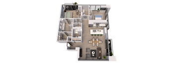 A 3D floor plan of a house with a kitchen, living room, dining room, and bedrooms.