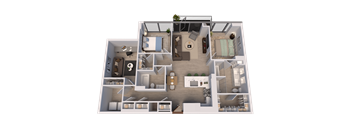 A 3D floor plan of a house showing a living room, kitchen, dining room, and bedrooms.