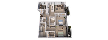 A 3D floor plan of a house with multiple rooms and furniture.
